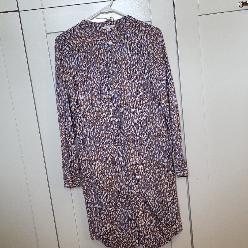 Long-Sleeve Purple Print Shift Dress with Subtle Taupe Accents